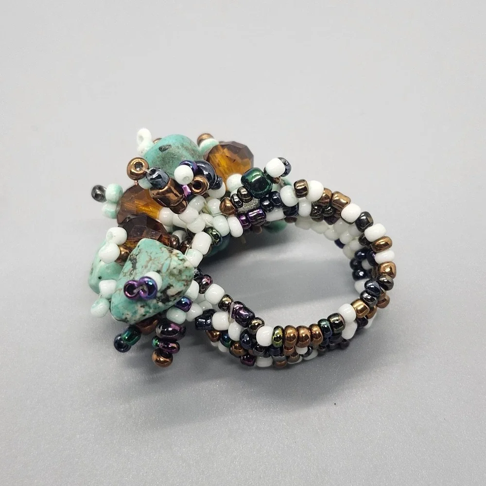 Chunky Turquoise Cluster Flower Bead Statement Stretch Ring Retro Beaded Ring